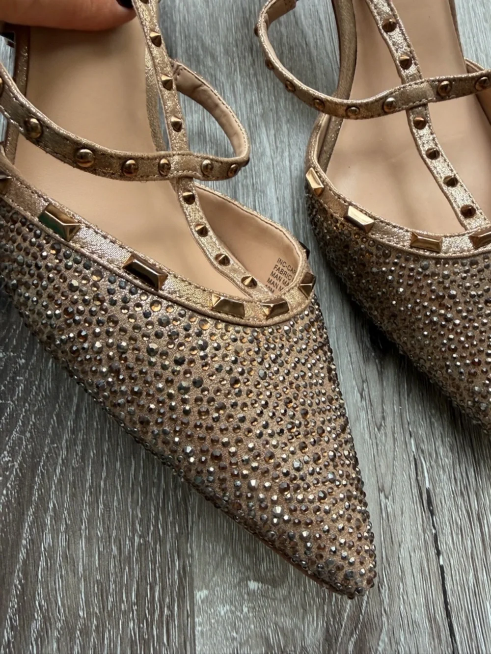 MIA Metallic Tan Pointed Toe T-Strap Flats with Studs - Picture 3 of 3
